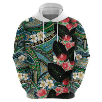Hawaiian Taro Leaves and Ohia Lehua Zip Hoodie Polynesian Tribal Art Tropical Plants Motifs Colorful