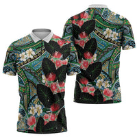 Hawaiian Taro Leaves and Ohia Lehua Zipper Polo Shirt Polynesian Tribal Art Tropical Plants Motifs Colorful