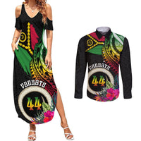 Personalised Vanuatu 44th Anniversary Couples Matching Summer Maxi Dress and Long Sleeve Button Shirt Boars Tusk Tugeta Yumi Selebretem Indipendens Dei LT03 Black - Polynesian Pride