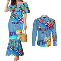 Fiji Day Couples Matching Mermaid Dress and Long Sleeve Button Shirt Tagimoucia Flower and Melanesia Pattern