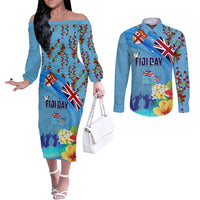 Fiji Day Couples Matching Off The Shoulder Long Sleeve Dress and Long Sleeve Button Shirt Tagimoucia Flower and Melanesia Pattern