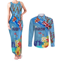 Fiji Day Couples Matching Tank Maxi Dress and Long Sleeve Button Shirt Tagimoucia Flower and Melanesia Pattern