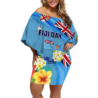 Fiji Day Off Shoulder Short Dress Tagimoucia Flower and Melanesia Pattern LT03 Women Blue - Polynesian Pride