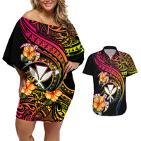 Polynesia Hawaii Turtle Day Couples Matching Off Shoulder Short Dress and Hawaiian Shirt Hibiscus and Kanaka Maoli LT03 Black - Polynesian Pride