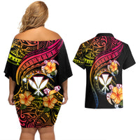 Polynesia Hawaii Turtle Day Couples Matching Off Shoulder Short Dress and Hawaiian Shirt Hibiscus and Kanaka Maoli LT03 - Polynesian Pride