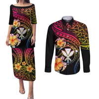 Polynesia Hawaii Turtle Day Couples Matching Puletasi and Long Sleeve Button Shirt Hibiscus and Kanaka Maoli LT03 Black - Polynesian Pride