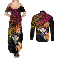 Polynesia Hawaii Turtle Day Couples Matching Summer Maxi Dress and Long Sleeve Button Shirt Hibiscus and Kanaka Maoli LT03 - Polynesian Pride