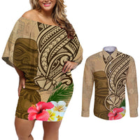 Hawaii Kanaloa Tiki Couples Matching Off Shoulder Short Dress and Long Sleeve Button Shirt Polynesian Tattoo and Tapa Pattern LT03 Beige - Polynesian Pride