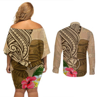 Hawaii Kanaloa Tiki Couples Matching Off Shoulder Short Dress and Long Sleeve Button Shirt Polynesian Tattoo and Tapa Pattern LT03 - Polynesian Pride