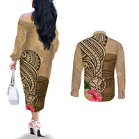 Hawaii Kanaloa Tiki Couples Matching Off The Shoulder Long Sleeve Dress and Long Sleeve Button Shirt Polynesian Tattoo and Tapa Pattern
