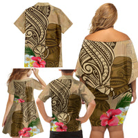 Hawaii Kanaloa Tiki Family Matching Off Shoulder Short Dress and Hawaiian Shirt Polynesian Tattoo and Tapa Pattern