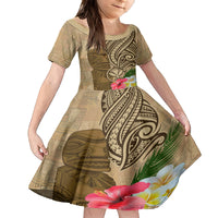 Hawaii Kanaloa Tiki Kid Short Sleeve Dress Polynesian Tattoo and Tapa Pattern LT03 KID Beige - Polynesian Pride