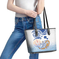 Hawaiki Nui Va'a Solo French Polynesia Leather Tote Bag Blue Color LT03 - Polynesian Pride