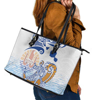 Hawaiki Nui Va'a Solo French Polynesia Leather Tote Bag Blue Color LT03 - Polynesian Pride
