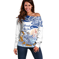 Hawaiki Nui Va'a Solo French Polynesia Off Shoulder Sweater Blue Color LT03 Women Blue - Polynesian Pride