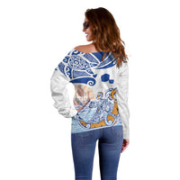 Hawaiki Nui Va'a Solo French Polynesia Off Shoulder Sweater Blue Color LT03 - Polynesian Pride