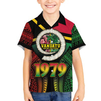 Vanuatu Constitution Day Family Matching Off Shoulder Short Dress and Hawaiian Shirt Polynesian Tattoo and Pig Tusk Since 1979 LT03 Son's Shirt Black - Polynesian Pride