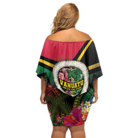 Vanuatu Constitution Day Off Shoulder Short Dress Polynesian Tattoo and Pig Tusk Since 1979 LT03 - Polynesian Pride