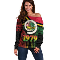 Vanuatu Constitution Day Off Shoulder Sweater Polynesian Tattoo and Pig Tusk Since 1979 LT03 Women Black - Polynesian Pride