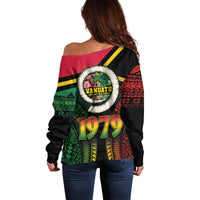 Vanuatu Constitution Day Off Shoulder Sweater Polynesian Tattoo and Pig Tusk Since 1979 LT03 - Polynesian Pride