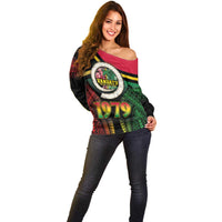 Vanuatu Constitution Day Off Shoulder Sweater Polynesian Tattoo and Pig Tusk Since 1979 LT03 - Polynesian Pride