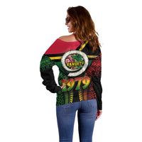 Vanuatu Constitution Day Off Shoulder Sweater Polynesian Tattoo and Pig Tusk Since 1979 LT03 - Polynesian Pride