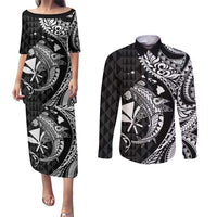Aloha Hawaii Hammerhead Shark Couples Matching Puletasi and Long Sleeve Button Shirt Black Kakau and Polynesian Tattoo LT03 Black - Polynesian Pride