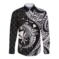 Aloha Hawaii Hammerhead Shark Long Sleeve Button Shirt Black Kakau and Polynesian Tattoo LT03 Unisex Black - Polynesian Pride