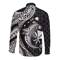 Aloha Hawaii Hammerhead Shark Long Sleeve Button Shirt Black Kakau and Polynesian Tattoo LT03 - Polynesian Pride