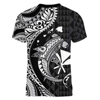Aloha Hawaii Hammerhead Shark Women V-Neck T-Shirt Black Kakau and Polynesian Tattoo LT03