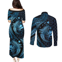 Aloha Hawaii Hammerhead Shark Couples Matching Puletasi and Long Sleeve Button Shirt Blue Kakau and Polynesian Tattoo LT03 - Polynesian Pride