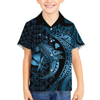 Aloha Hawaii Hammerhead Shark Family Matching Off Shoulder Short Dress and Hawaiian Shirt Blue Kakau and Polynesian Tattoo LT03