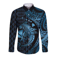 Aloha Hawaii Hammerhead Shark Long Sleeve Button Shirt Blue Kakau and Polynesian Tattoo LT03 Unisex Blue - Polynesian Pride