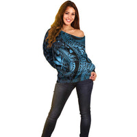 Aloha Hawaii Hammerhead Shark Off Shoulder Sweater Blue Kakau and Polynesian Tattoo LT03 - Polynesian Pride