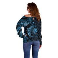 Aloha Hawaii Hammerhead Shark Off Shoulder Sweater Blue Kakau and Polynesian Tattoo LT03 - Polynesian Pride