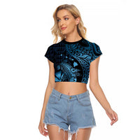 Aloha Hawaii Hammerhead Shark Raglan Cropped T Shirt Blue Kakau and Polynesian Tattoo LT03