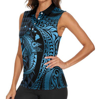 Aloha Hawaii Hammerhead Shark Women Sleeveless Polo Shirt Blue Kakau and Polynesian Tattoo LT03