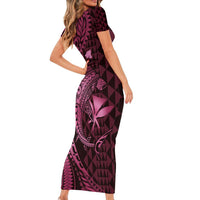 Aloha Hawaii Hammerhead Shark Family Matching Short Sleeve Bodycon Dress and Hawaiian Shirt Pink Kakau and Polynesian Tattoo LT03