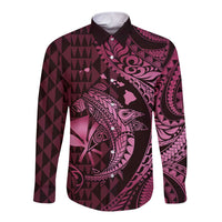 Aloha Hawaii Hammerhead Shark Long Sleeve Button Shirt Pink Kakau and Polynesian Tattoo LT03 Unisex Pink - Polynesian Pride