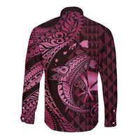 Aloha Hawaii Hammerhead Shark Long Sleeve Button Shirt Pink Kakau and Polynesian Tattoo LT03 - Polynesian Pride