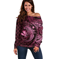 Aloha Hawaii Hammerhead Shark Off Shoulder Sweater Pink Kakau and Polynesian Tattoo LT03 Women Pink - Polynesian Pride