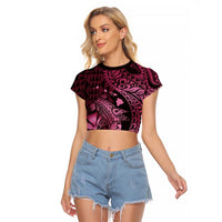 Aloha Hawaii Hammerhead Shark Raglan Cropped T Shirt Pink Kakau and Polynesian Tattoo LT03 Female Pink - Polynesian Pride