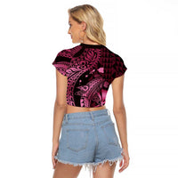 Aloha Hawaii Hammerhead Shark Raglan Cropped T Shirt Pink Kakau and Polynesian Tattoo LT03 - Polynesian Pride