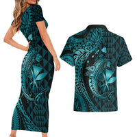 Aloha Hawaii Hammerhead Shark Couples Matching Short Sleeve Bodycon Dress and Hawaiian Shirt Turquoise Kakau and Polynesian Tattoo LT03 - Polynesian Pride