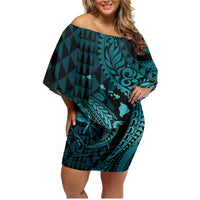 Aloha Hawaii Hammerhead Shark Family Matching Off Shoulder Short Dress and Hawaiian Shirt Turquoise Kakau and Polynesian Tattoo LT03