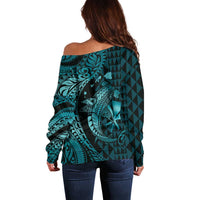 Aloha Hawaii Hammerhead Shark Off Shoulder Sweater Turquoise Kakau and Polynesian Tattoo LT03 - Polynesian Pride