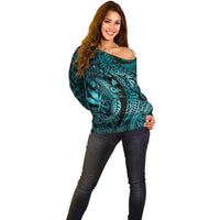 Aloha Hawaii Hammerhead Shark Off Shoulder Sweater Turquoise Kakau and Polynesian Tattoo LT03 - Polynesian Pride