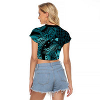 Aloha Hawaii Hammerhead Shark Raglan Cropped T Shirt Turquoise Kakau and Polynesian Tattoo LT03 - Polynesian Pride