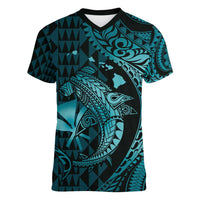 Aloha Hawaii Hammerhead Shark Women V-Neck T-Shirt Turquoise Kakau and Polynesian Tattoo LT03