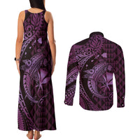 Aloha Hawaii Hammerhead Shark Couples Matching Tank Maxi Dress and Long Sleeve Button Shirt Purple Kakau and Polynesian Tattoo LT03 - Polynesian Pride
